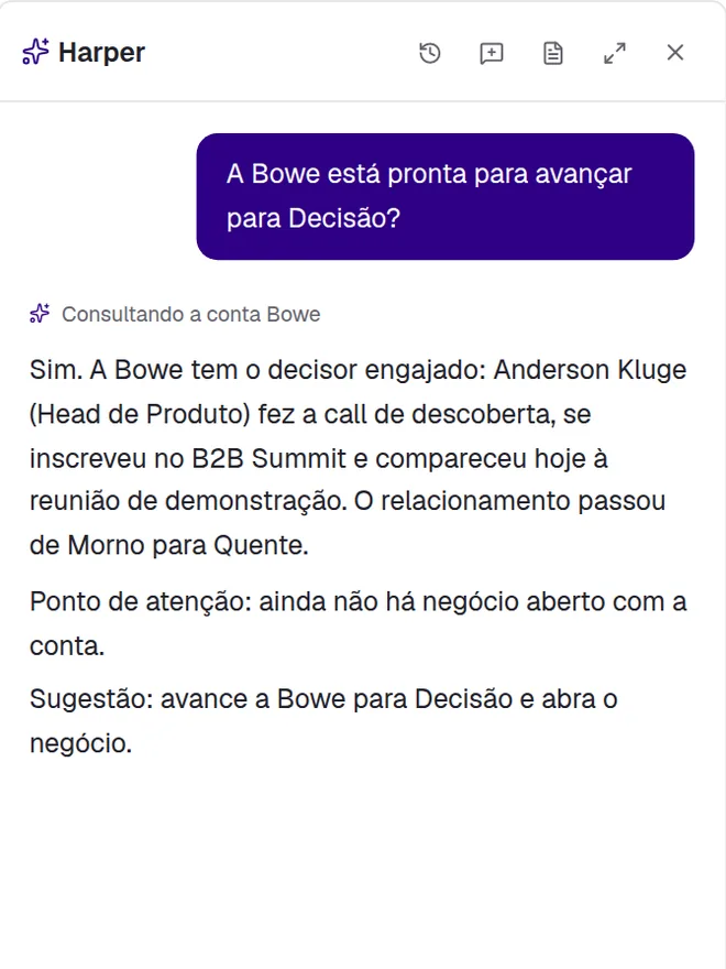 Painel da Harper respondendo que a Bowe está pronta para avançar para Decisão e sugerindo abrir o negócio.